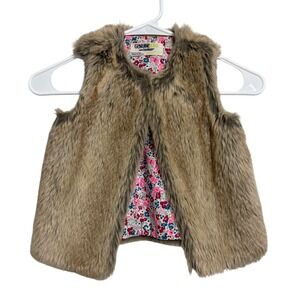 Genuine Kids from OshKosh Girls Faux Fur Vest Brown Floral Lining 4T 5T L/G